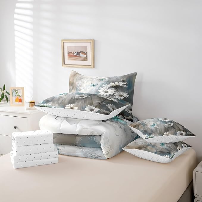 Feelyou Butterfly Comforter Set Twin Size 7 Pieces Vintage Floral Bedding Set for All Season Flower Botanical Nature Theme Bed in a Bag with Comforter, Sheets, Pillowcases & Cushion Cover