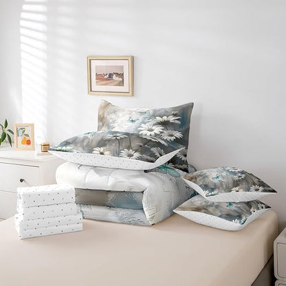 Feelyou Butterfly Comforter Set Full Size 7 Pieces Vintage Floral Bedding Set for All Season Flower Botanical Nature Theme Bed in a Bag with Comforter, Sheets, Pillowcases & Cushion Cover
