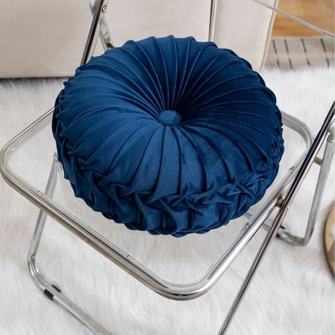 MOCOFO Round Velvet Throw Pillow, Pumpkin Shape Decorative Floor Cushion, Handcrafted Pleated Design, 14 and 16 Inch Diameter, Multiple Colors, Polyester Fill (Navy Blue, 16")