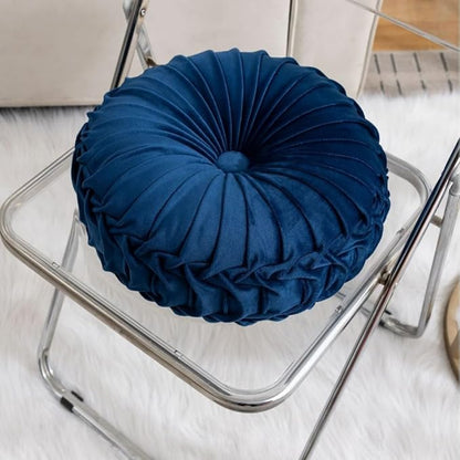 MOCOFO Round Velvet Throw Pillow, Pumpkin Shape Decorative Floor Cushion, Handcrafted Pleated Design, 14 and 16 Inch Diameter, Multiple Colors, Polyester Fill (Navy Blue, 14")