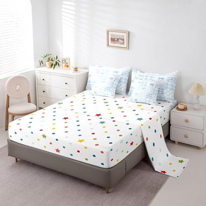Feelyou Blue Bow Comforter Set Queen Size 7 Pieces Cute Bowknot Bedding Set for Kids Boys Girls Bow Plaid Grid Bed in a Bag with Comforter, Sheets, Pillowcases, Cushion Covers Princess Decor