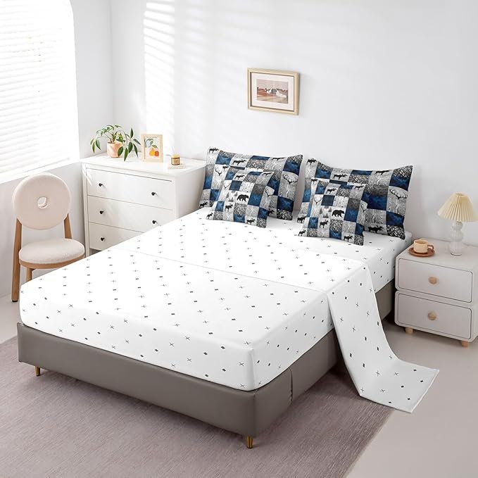 Erosebridal 7 Pcs Hunting Animal Comforter Set Queen Size,Rustic Bear Deer Bed in a Bag with Flat Fitted Sheet for Kids and Adults,Camper Plaid Check Bedding Set with Pillowcases and Cushion Cases