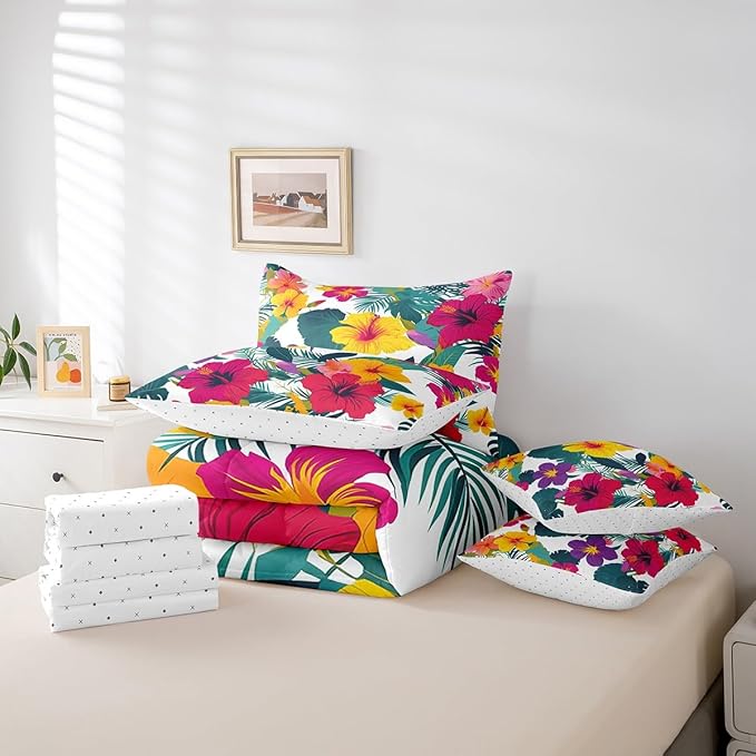 Feelyou Palm Leaf Comforter Set Queen Size 7 Pieces Flower Bedding Set for All Season Floral Blossom Botanical Nature Theme Bed in a Bag with Comforter, Sheets, Pillowcases & Cushion Cover