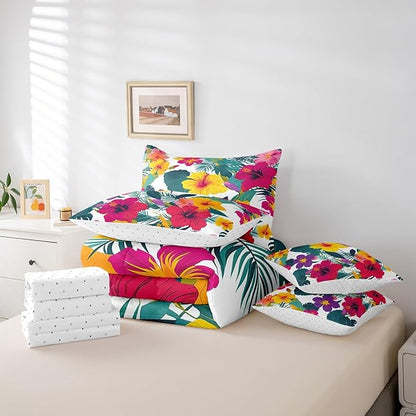 Feelyou Palm Leaf Comforter Set Queen Size 7 Pieces Flower Bedding Set for All Season Floral Blossom Botanical Nature Theme Bed in a Bag with Comforter, Sheets, Pillowcases & Cushion Cover