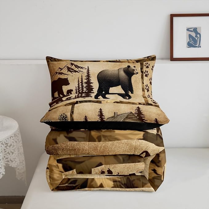 Feelyou Lodge Cabin Comforter Set Twin Size Gray Bear Pine Tree Silhouette Pattern Quilted Duvet with 1 Pillowcases+1 Wild Animal Western Jungle Style Bedding for Teens Adults 2 Pcs