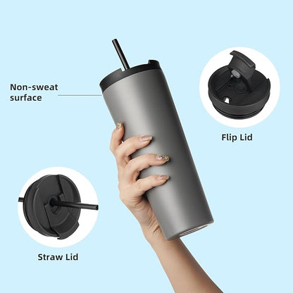 18 OZ Insulated Tumbler with Lid and 2 Straws Stainless Steel Water Bottle Vacuum Travel Mug Coffee Cup,Gray