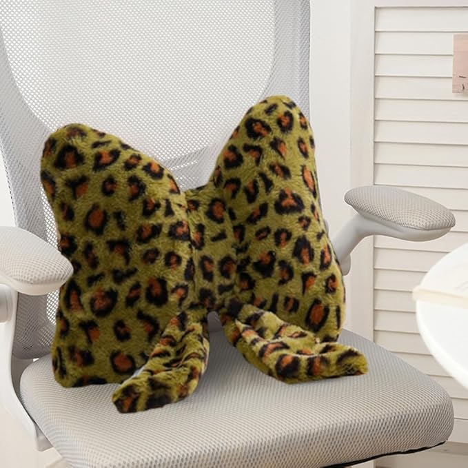 2Pcs Leopard Print Bow Throw Pillow Furry Bow Plush Pillows Cute Flower Plush Pillow Cheetah Home Decor Stuffed Bow Lumbar Pillow for Bed Couch Living Room Decor (Green, 16in)