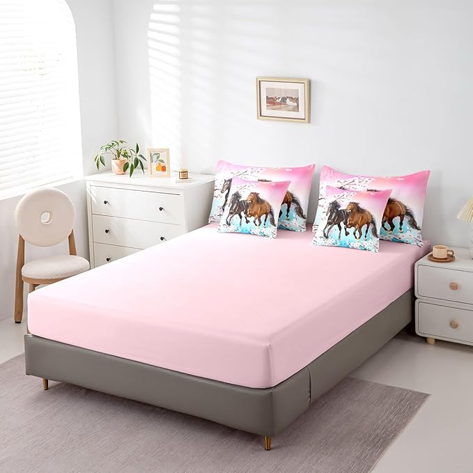Feelyou Girls Horse Comforter Set Twin Size 7 Pcs West Horses Comforter Bed in a Bag Pink Cherry Blossom Bedding Set for Women Teens Farmhouse Western Bed Set with Sheets, Pillowcases, Pillow Covers