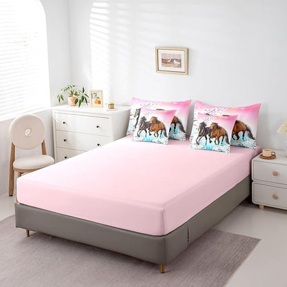 Feelyou Girls Horse Comforter Set Twin Size 7 Pcs West Horses Comforter Bed in a Bag Pink Cherry Blossom Bedding Set for Women Teens Farmhouse Western Bed Set with Sheets, Pillowcases, Pillow Covers