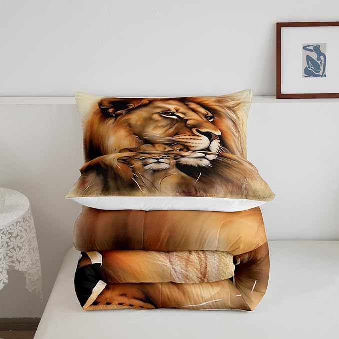 Erosebridal Lion Comforter Set, Brown Bedding Set Queen Size, African Savannah Safari Wildlife Animals Down Comforter, Couple Theme Duvet Set for Bedroom Living Room Decorative