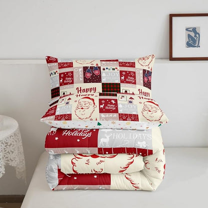 Christmas Santa Claus Comforter Set,Cute Red Geometric Grid Patchwork Bedding Set Kids Girls Boys Room Decor,Cartoon Xmas Deer Snowflake Bells Quilt Set Happy New Year Duvet Insert King Size