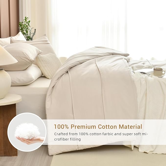 CozyTide Queen Comforter Set(90"x95"),Cotton Pinch Pleated Bedding Set,3 Pieces Soft Lightweight Farmhouse Bedding Comforter Set（1 Wheat Comforter and 2 Pillowcases）