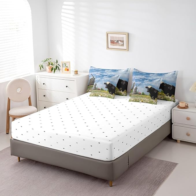 Erosebridal 7Pcs Full Comforter Set with Sheets, Rustic Cow Print Bedding Set for Kids, Windmill Decor Natural Dandelion Bed in a Bag Comforter Sets for Boys Girls Farmhouse Decor