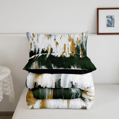 Erosebridal Green Emerald Comforter King Oil Painting Stripe Bedding Set, Brush Marks Contemporary Ombre Down Comforter Watercolor Graffiti Bed Set, Aesthetic Modern Quilted Duvet
