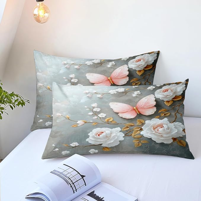 Floral Butterfly Comforter Set Queen White Flower Pink Butterflies on Gray Marble Bedding Set for Women Men Modern Aesthetic Bedding Soft Lightweight 90x90 Comforter with 2 Pillowcases