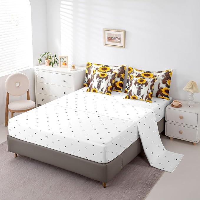 Erosebridal 7 Pcs Cow Print Comforter Set Full Size,Sunflower Cow Bed in a Bag with Flat Sheet and Fitted Sheet for Kids and Adults,Farm Cowhide Flower Bedding Set with Pillowcases and Cushion Cases