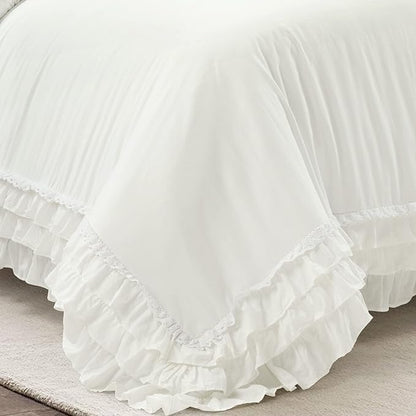 Lush Decor Ella Ruffle Lace 100% Cotton Duvet Cover, 3 Piece Set, King, White - Cute Duvet - King Bedding Set - Gray Bedding - Coquette Decor - Ruffle Trim - White Lace Trim