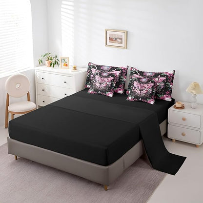Feelyou Pink Purple Death Moth Bedding Set with Comforter, Boho Moth Comforter King Size 7Pcs Sun Moon Butterfly Bed in a Bag with Comforter, Boho Floral Flat Sheet, Fitted Sheet, Pillowcases