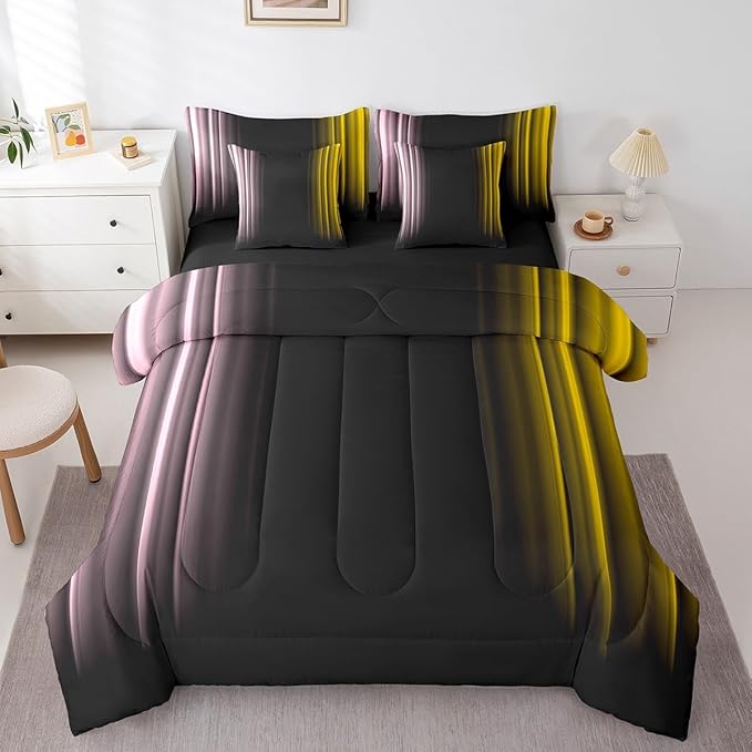 Feelyou Teens Abstract Ombre Decorations Bed in a Bag for Kids Women Pink Yellow and Black Comforter Set with Sheets Geometric Modern Bed Set Room Full Size