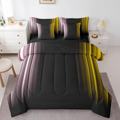 Feelyou Teens Abstract Ombre Decorations Bed in a Bag for Kids Women Pink Yellow and Black Comforter Set with Sheets Geometric Modern Bed Set Room Full Size