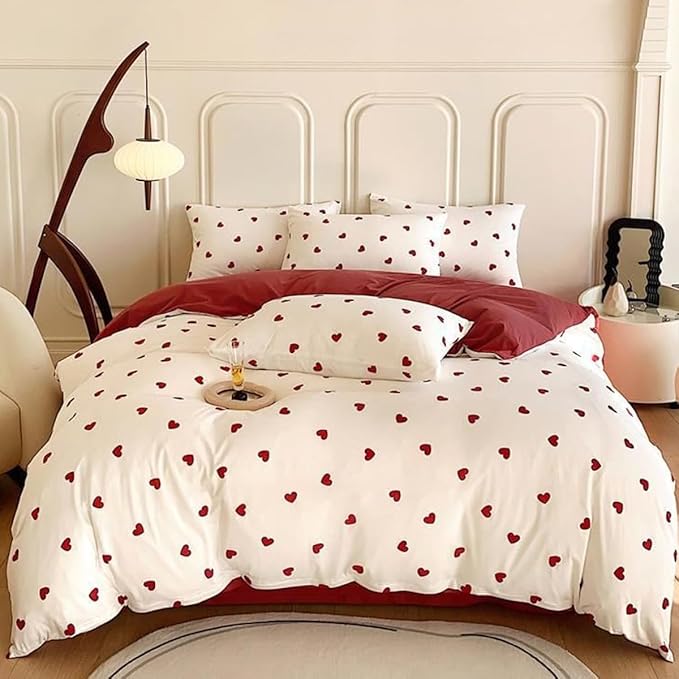 White Twin Comforter Set - Red Heart Quilt Bedding Set 2 Pieces, Comforter Set Twin Size, Soft & Lightweight Comforter(68‘’ x 90‘’) for Girl All Season & 1 Pillowcase(30‘’x20‘’)