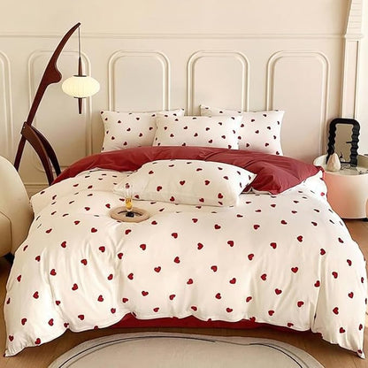 White Comforter Set Full Size - Red Heart Quilt Bedding Set 3 Pieces, Comforter Set Full, Soft & Lightweight Comforter(79‘’ x 90‘’) for Girl All Season & 2 Pillowcases(30‘’x20‘’)