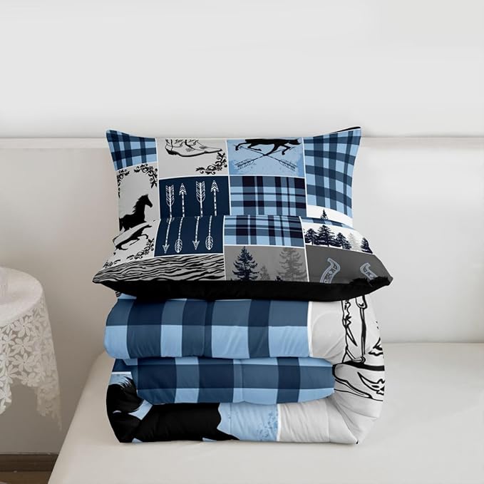 Erosebridal Kids Horse Comforter Set, Southwest Horseshoe Bedding Set Vintage Western Riding Boots Quilt Arrow Forest Plaid Patchwork Bedding Comforter Set Rustic Farmhouse Lodge Bedroom Decor, Full