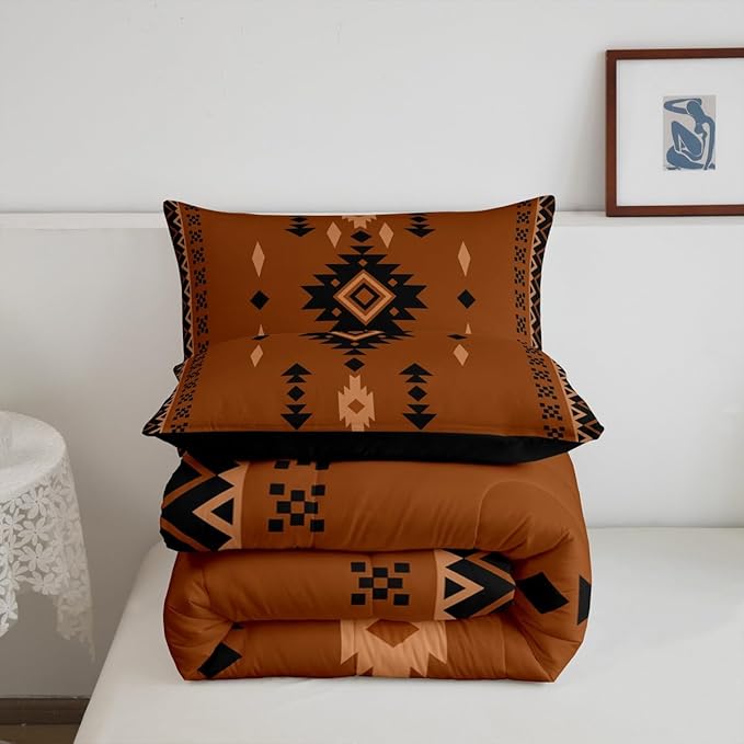 Western Aztec Toddler Size Bedding Set, Native American Navajo Comforter Set for Boys Adult Teens, Southwestern Geometric Duvet Insert Ethnic American Native Quilt Rustic Farmhouse Decor, Brown Black
