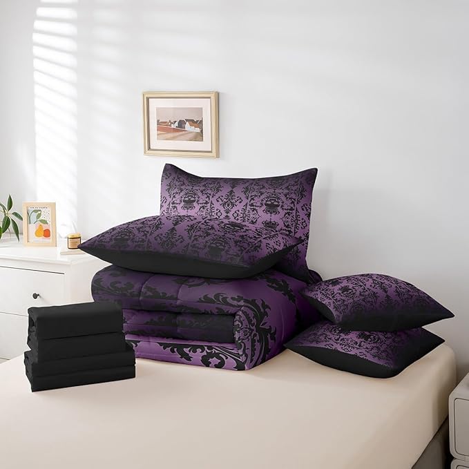 Erosebridal Sugar Skull 7 Piece Comforter Set Full Bed in a Bag,Gothic Bedding Set,Purple Black Damask Bohemian Vintage Floral Comforter and Sheet Set,Goth Skeleton Antique Victorian Baroque Decor
