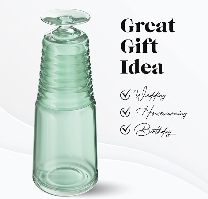 American Atelier Bedside Water Carafe with Tumbler | Pitcher and Footed Drinking Glass | Use Cup as Lid for Carafe | For Guest Room, Nightstand, Office, or Gift | American Atelier 32 Oz (Green)