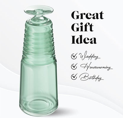 American Atelier Bedside Water Carafe with Tumbler | Pitcher and Footed Drinking Glass | Use Cup as Lid for Carafe | For Guest Room, Nightstand, Office, or Gift | American Atelier 32 Oz (Green)