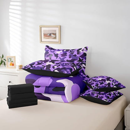 Erosebridal Duck Hunting 7 Pcs Twin Bedding Set - Army Camouflage Hunting Bed in A Bag - Sheet Set, Vintage Purple Black Room Decor, Wild Animal Duck Rustic Comforter Set