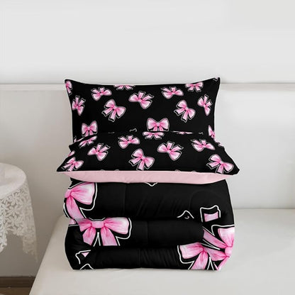 Erosebridal Coquette Bow Bedding Set King for Girls Pink Bowknot Comforter Set for Kids Teen Girls Women Bedroom Black Pink Comforter Princess Trendy Aesthetic Bows Quilt Duvet
