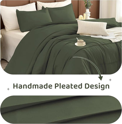 Sanracie King Comforter Set(106"x 95"), Cotton Olive Green Color Pinch Pleated Bedding Sets,3Pcs Lightweight Breathable Neutral Comforter Sets for All Season