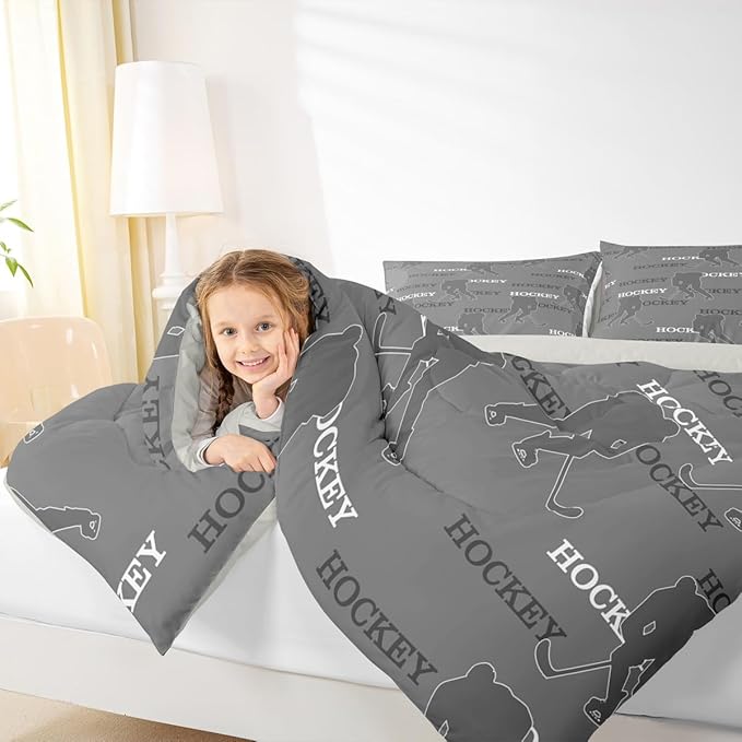 Hockey Players Kids Bedding Set King Size, Comforter Set,Ball Activity Game Quilt Comforter,Gray Bedroom Duvet Insert,2 Pillowcases