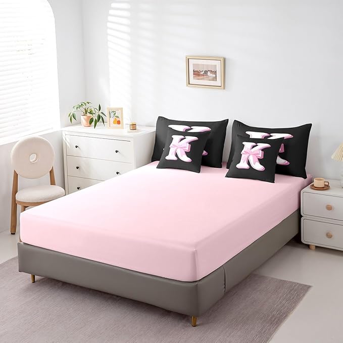 jejeloiu Kids Girls Black Pink Bow Comforter Set with Sheets Twin Size Monogrammed 7 Piece Bedding Set Personalized Initial K Bed in a Bag with Comforter,Sheets,Pillowcases Modern Fashion Bed Set