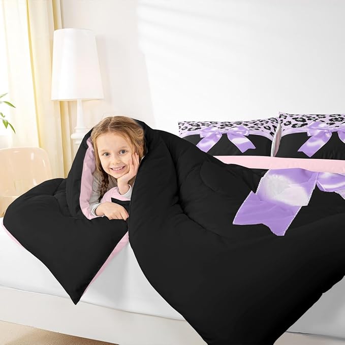 jejeloiu Purple Silk Bowknot Duvet Cover Twin Size Grey Leopard Bedding Set for Kids Girls Women Black Purple Comforter Cover Set Sweet Romantic Bedspread Cover 2Pcs