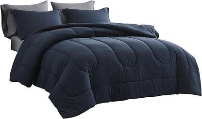 Maple&Stone Full Size Comforter Set 7 Pieces Bed in a Bag - Down Alternative Bed Set with Sheets, Pillowcases & Shams, Soft Reversible Duvet Insert, Navy
