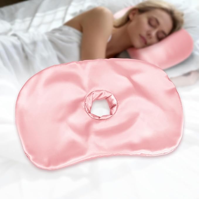 Washable Ear Piercing Pillowcase - Removable Satin Cover with Hole for Side Sleepers, CNH & Ear Pain Relief, Soft Guard for Pressure Sores, Light Pink Silk