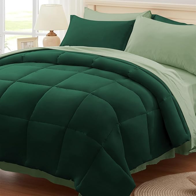 Anluoer Full Comforter Set,Emerald Green&Sage Bed in a Bag 7 Piece,Lightweight Bedding Set with Soft Down Alternative Fill,Bed Set Includes Comforter, Fitted Sheet, Flat Sheet,Pillowcases and Shams