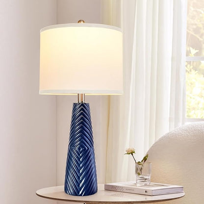 Terpsichore Nightstand Lamp Bedside Lamps Set of 2 Vintage Rustic Farmhouse Table Lamp 3 Way Dimmable Horizontal Stripe Light,for Living Room Bedroom,USB A+C (Blue, High 24 Inch)