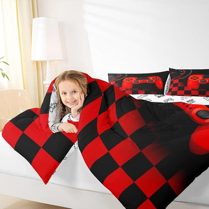 Erosebridal Gamer Bedding Sets for Boys Gaming Comforter Sets Twin Size for Kids Teen Boys Gamer Room Decor Video Game Gamepad Bedding Set with Plaid Check Grid Duvet Insert Soft All Season,Black Red