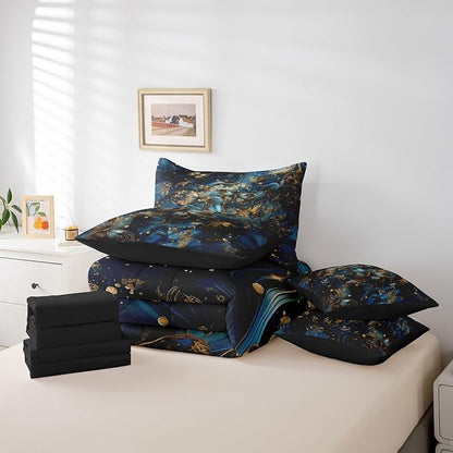 Erosebridal Blue and Gold Marble Comforter Set King with Sheets,Gradient Abstract Bedding Set 7 Piece Boho Room Decor,Trippy Butterfly Bed in a Bag with Fitted Sheet,Flat Sheet,Pillowcases & Shams