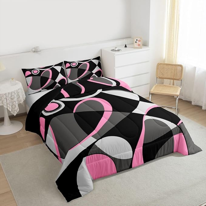 Feelyou Pink Grey and Black Comforter Retro Circle Comforter Set Modern Abstract Art Bedding Set for Kids Boys Girls Swirl Duvet Luxury Room Decor Quilt King Size