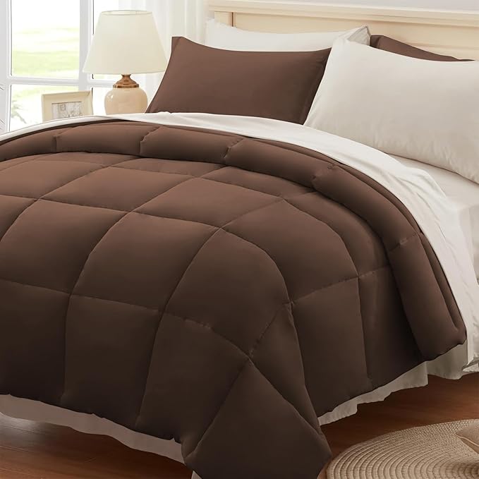 Anluoer Queen Comforter Set,Brown&Beige Bed in a Bag 7 Piece,Lightweight Bedding Set with Soft Down Alternative Fill,Bed Set Includes Comforter, Fitted Sheet, Flat Sheet,Pillowcases and Shams