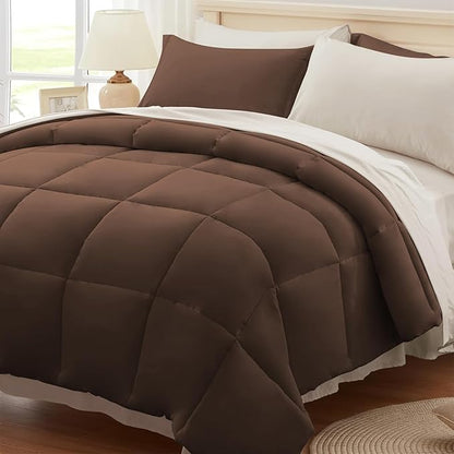 Anluoer Queen Comforter Set,Brown&Beige Bed in a Bag 7 Piece,Lightweight Bedding Set with Soft Down Alternative Fill,Bed Set Includes Comforter, Fitted Sheet, Flat Sheet,Pillowcases and Shams