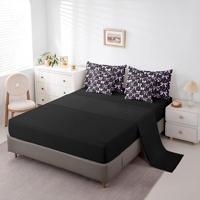 Erosebridal Kawaii Black Purple Cute Girls Bowknot Full Comforter Set 7 Pieces | Princess Bed in A Bag for Bedroom Dreamy Y2K Bedding Set with Comforters Bow Kids Room Decor