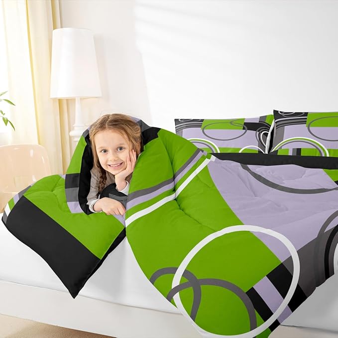 Erosebridal Modern Green Grey Black Comforter Sets Twin Abstract Swirls Spiral Bedding Set Stripes Quilt Curved Lines Duvet Insert Stylish Grid Gromment Patchwork Quilted Comforter with 1 Pillowcase