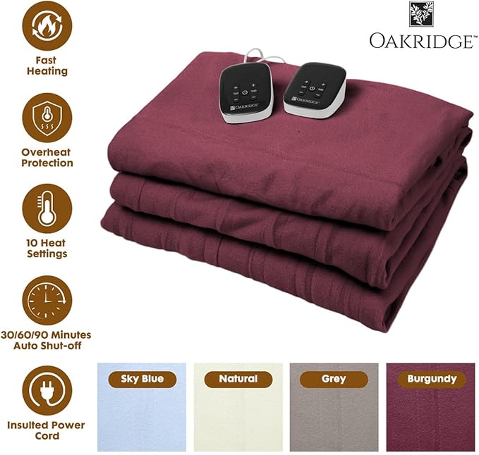 OakRidge Digital Comfort Fleece Heated Full Blanket - Burgundy, 100% Polyester, Machine Washable, Oeko-TEX Certified, Perfect for Warm Nights, Controlled Heat Settings