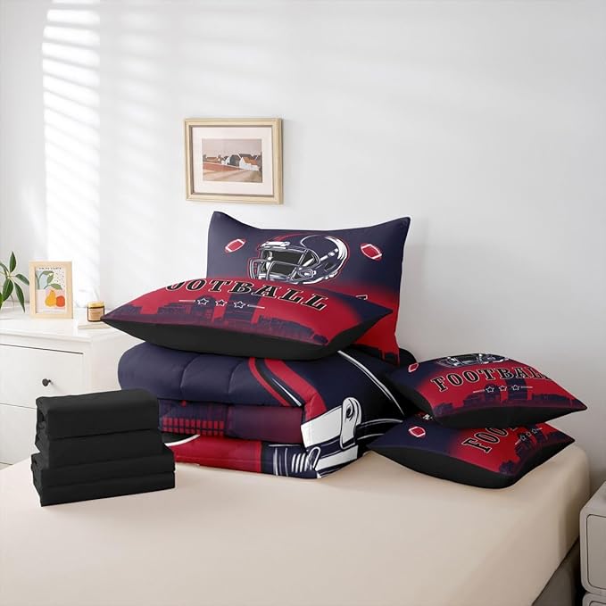 Erosebridal Kids Football Comforter Set with Sheets American Soccer Competitive Sports 7 Piece Bedding Set Full for Boys Girls Teen,Rugby Sports Games Bed in A Bag Ball City Bed Set